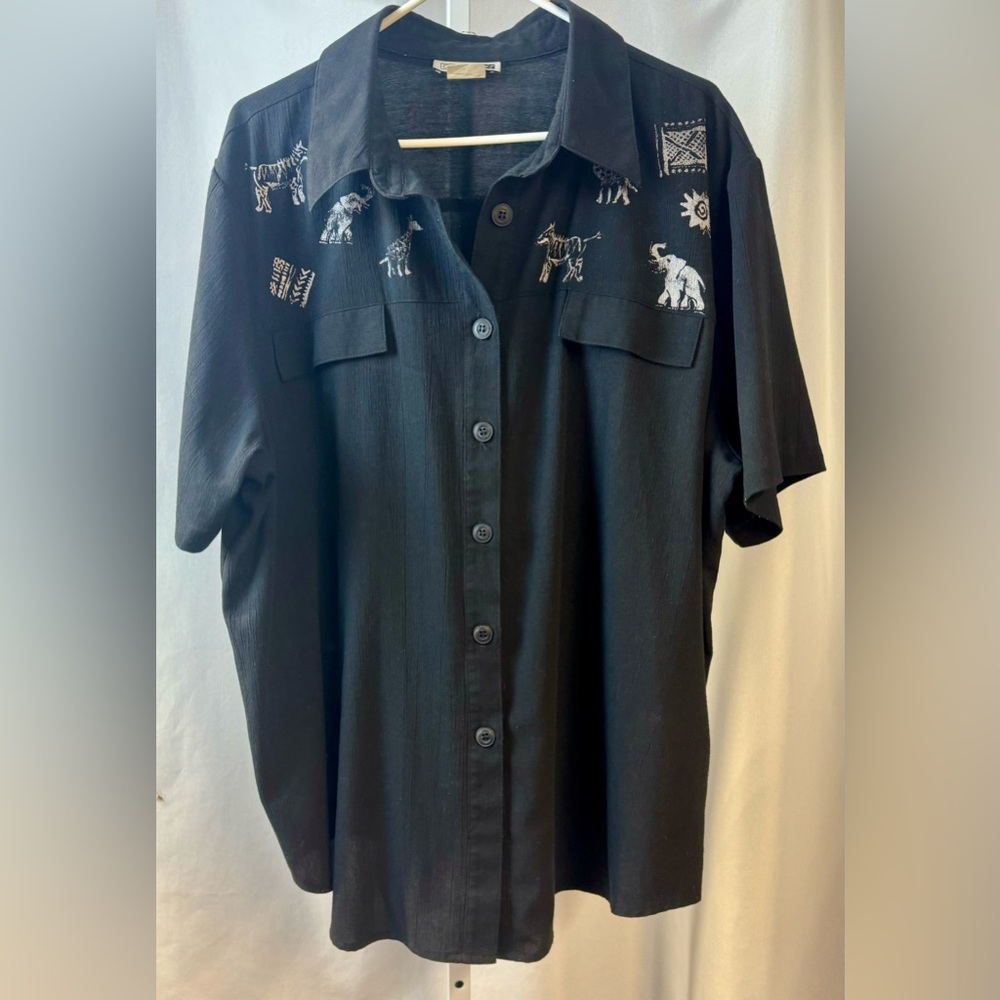 C.M. Shapes‎ Vintage Black SS Button Down Safari Stamp Print Shirt Sz 2X
